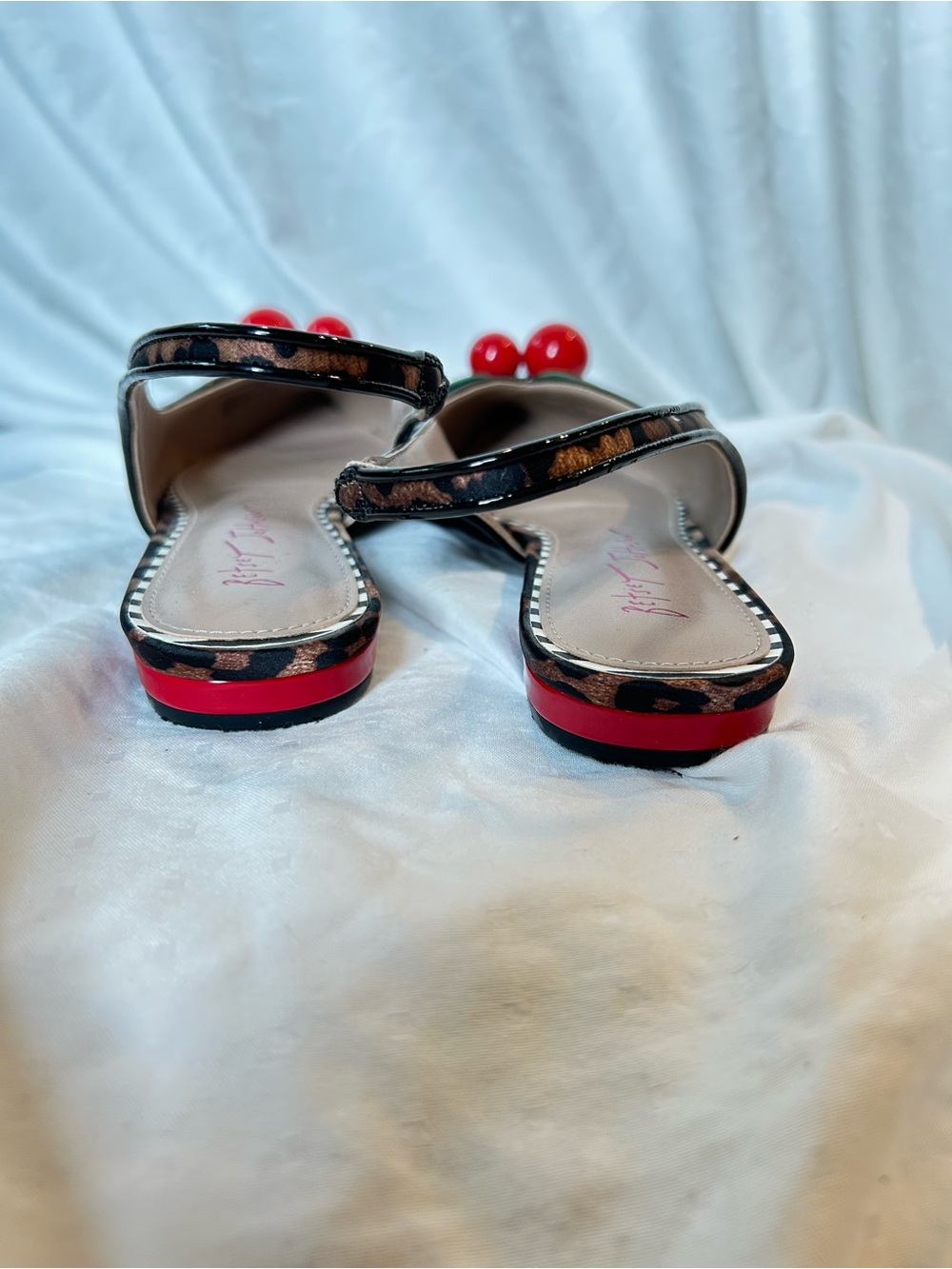 Betsey Johnson Leopard Pointed Slingback Mules with Red Cherry Accent - Picture 3 of 6